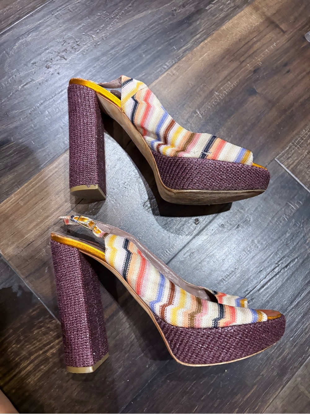 Missoni Multicolor Striped Platform Slingback Heels with Plum Woven Heel